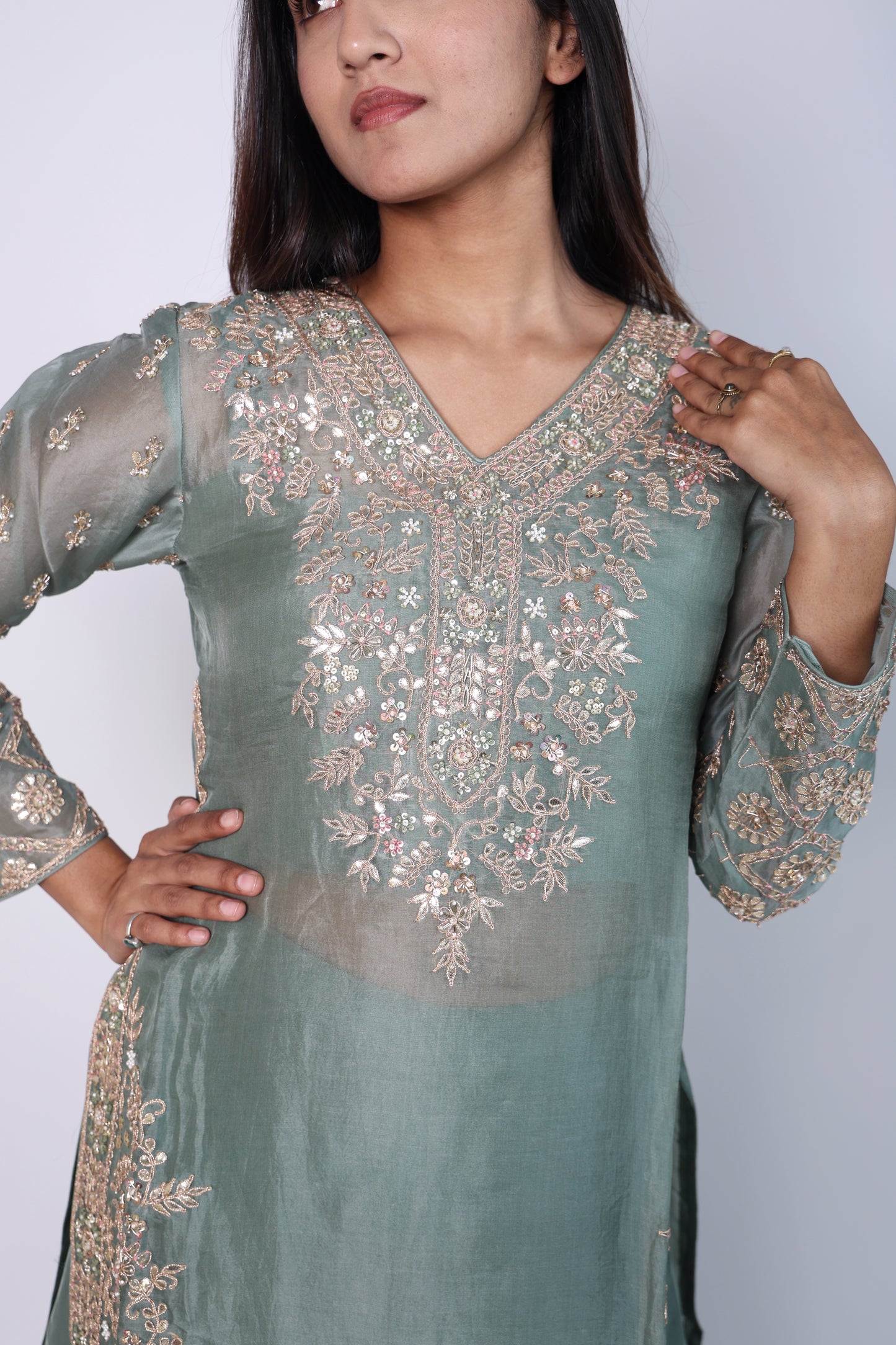 Elegant Sage Green Embroidered Cord-Set