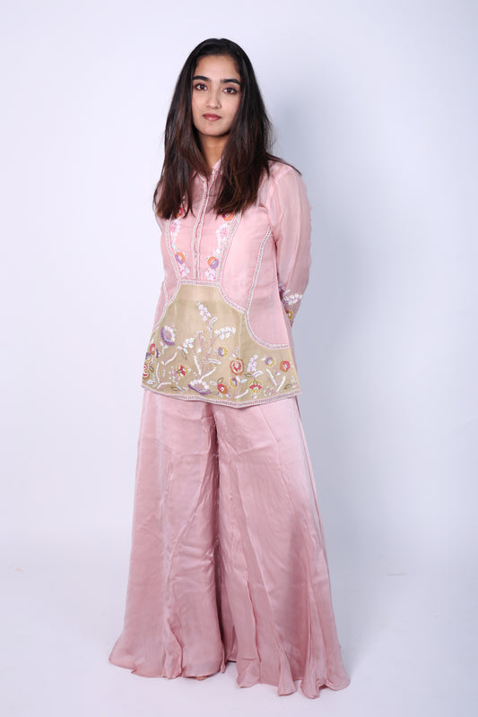 Elegant Sage Flora Pink Hand Embroidered Cord-Set