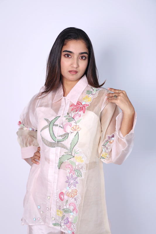 Elegant Flora Pink Hand Embroidered Cord-Set