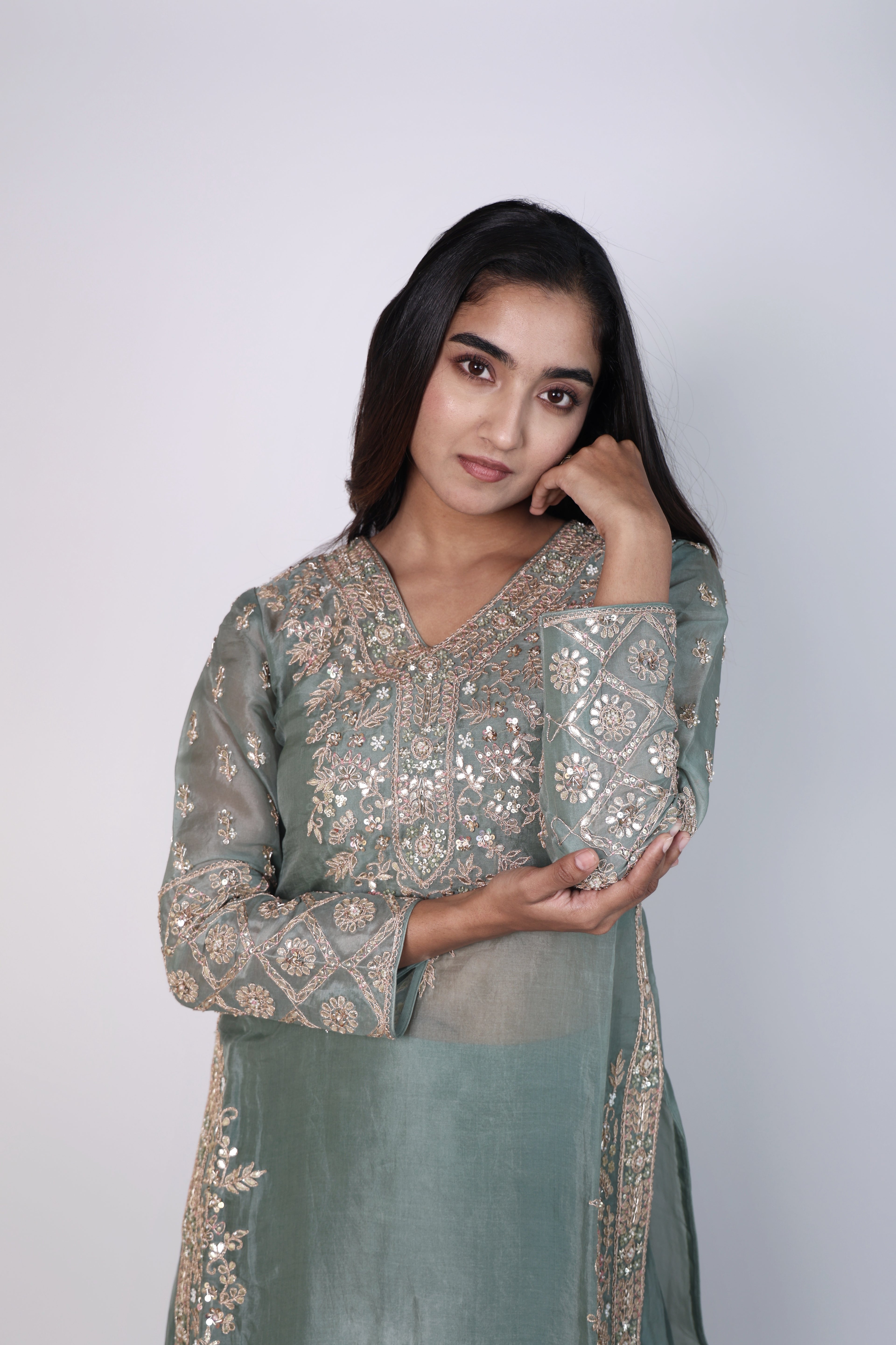 Elegant Sage Green Embroidered Cord-Set