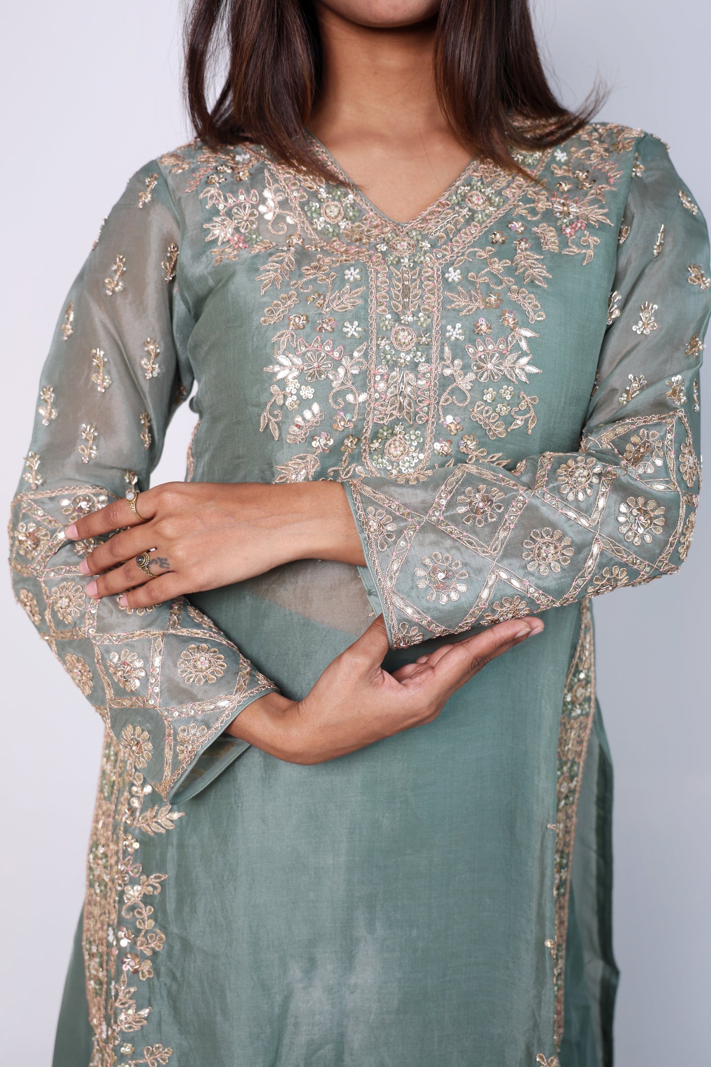 Elegant Sage Green Embroidered Cord-Set