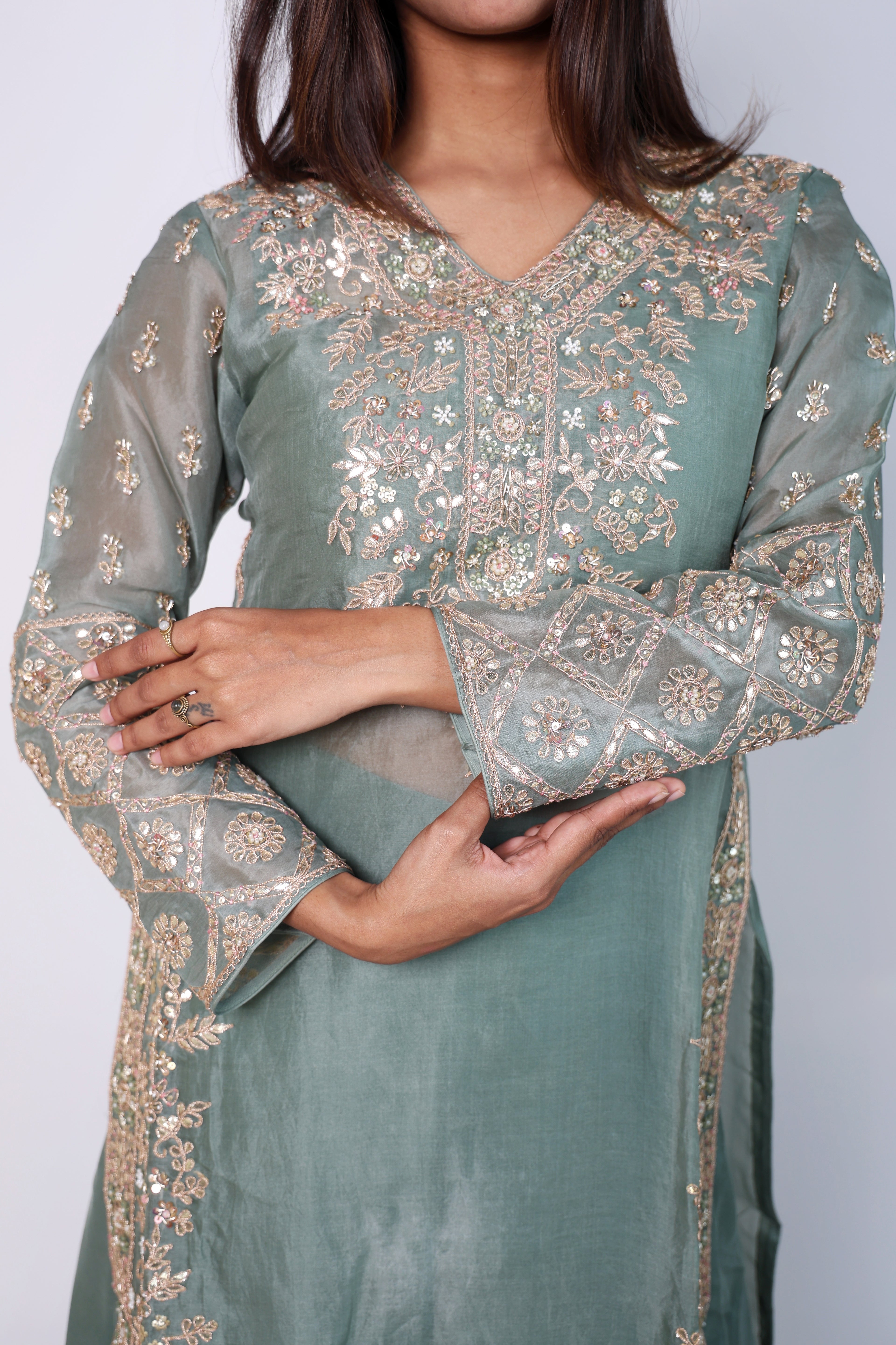 Elegant Sage Green Embroidered Cord-Set