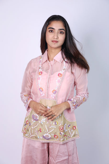 Elegant Sage  Flora Pink  Hand Embroidered Cord-Set