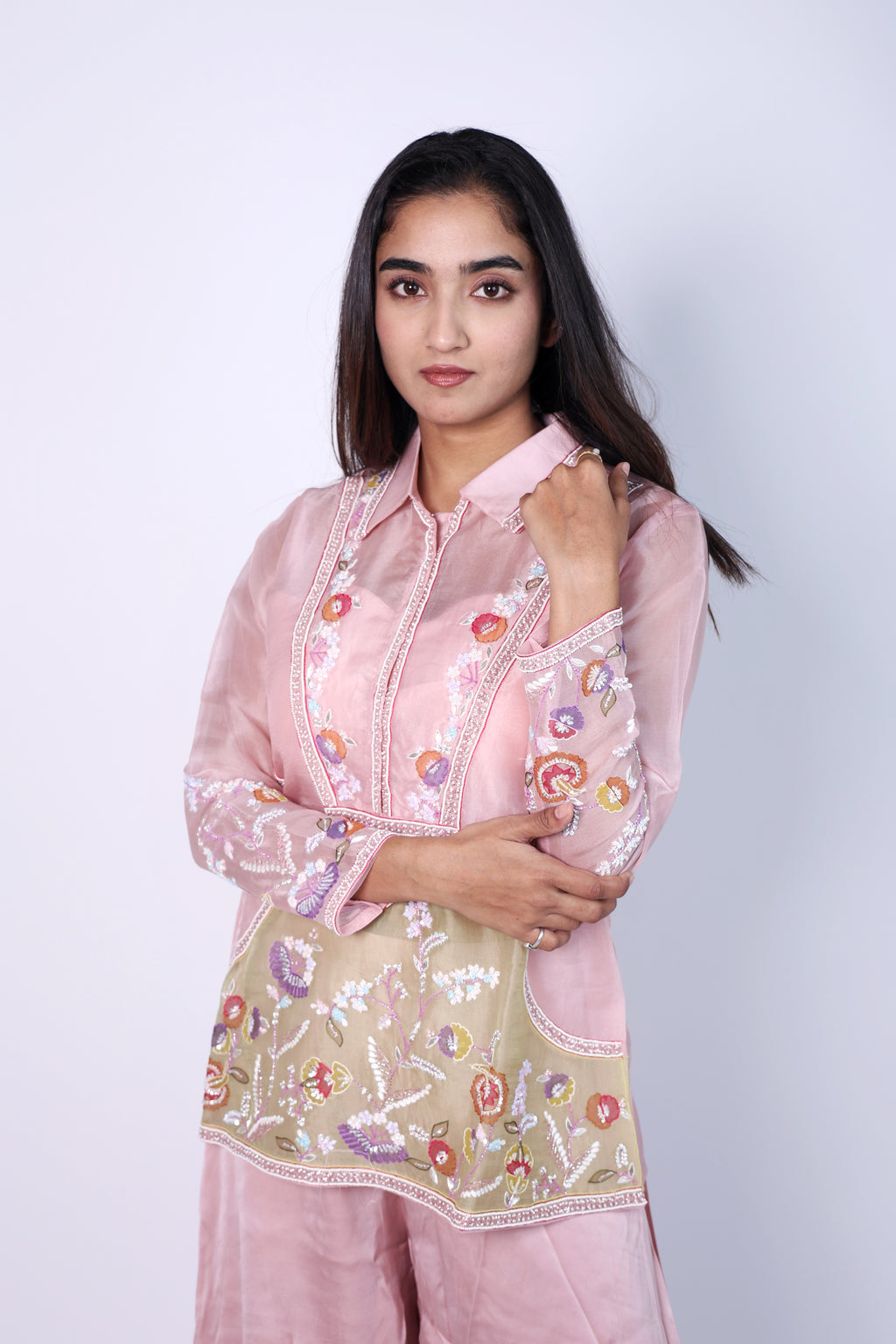 Elegant Sage  Flora Pink  Hand Embroidered Cord-Set