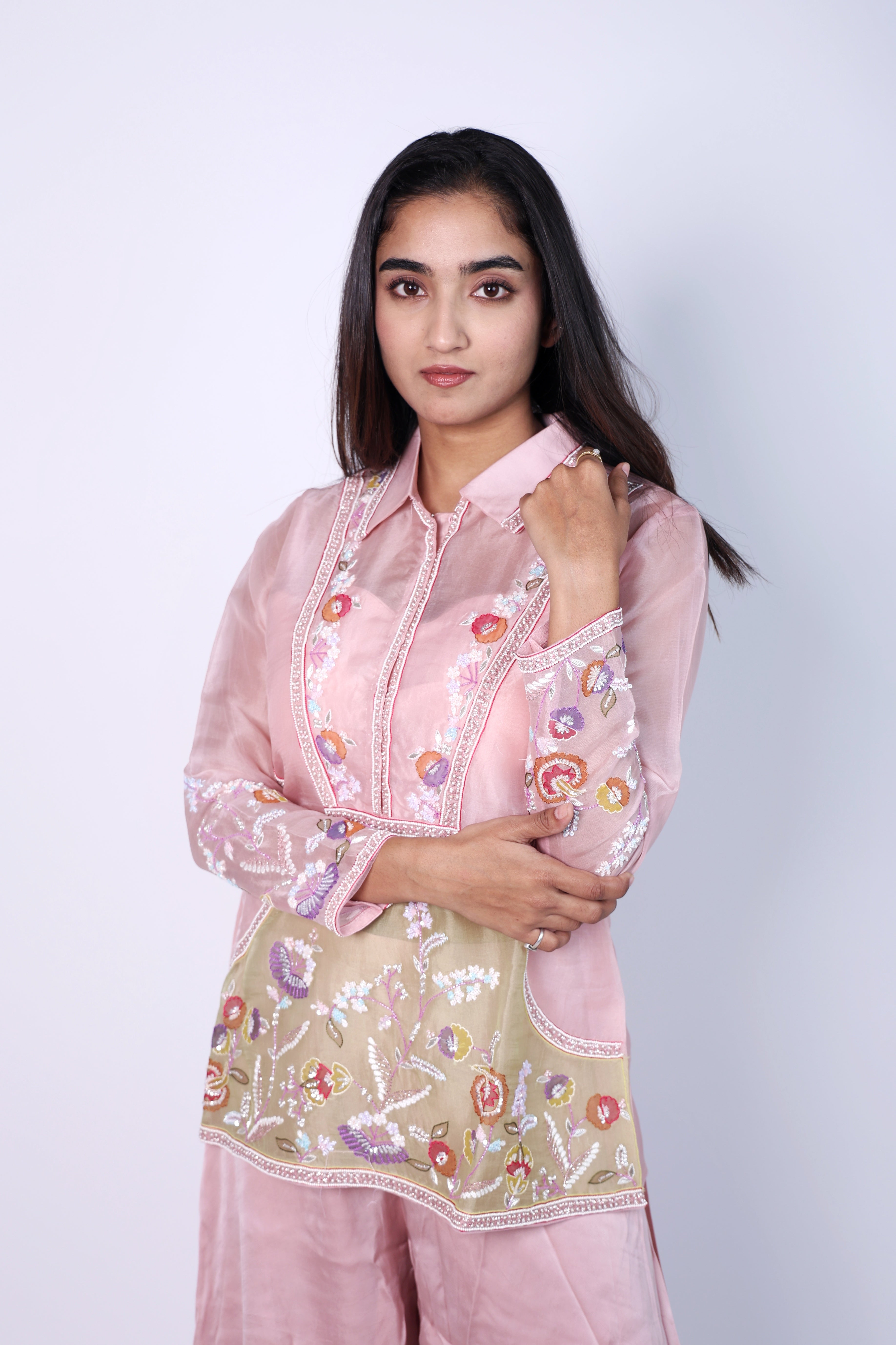 Elegant Sage  Flora Pink  Hand Embroidered Cord-Set