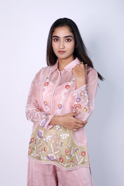 Elegant Sage  Flora Pink  Hand Embroidered Cord-Set