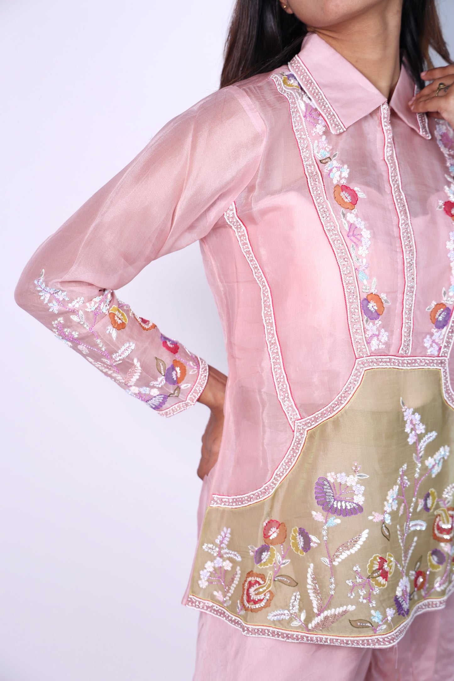 Elegant Sage  Flora Pink  Hand Embroidered Cord-Set