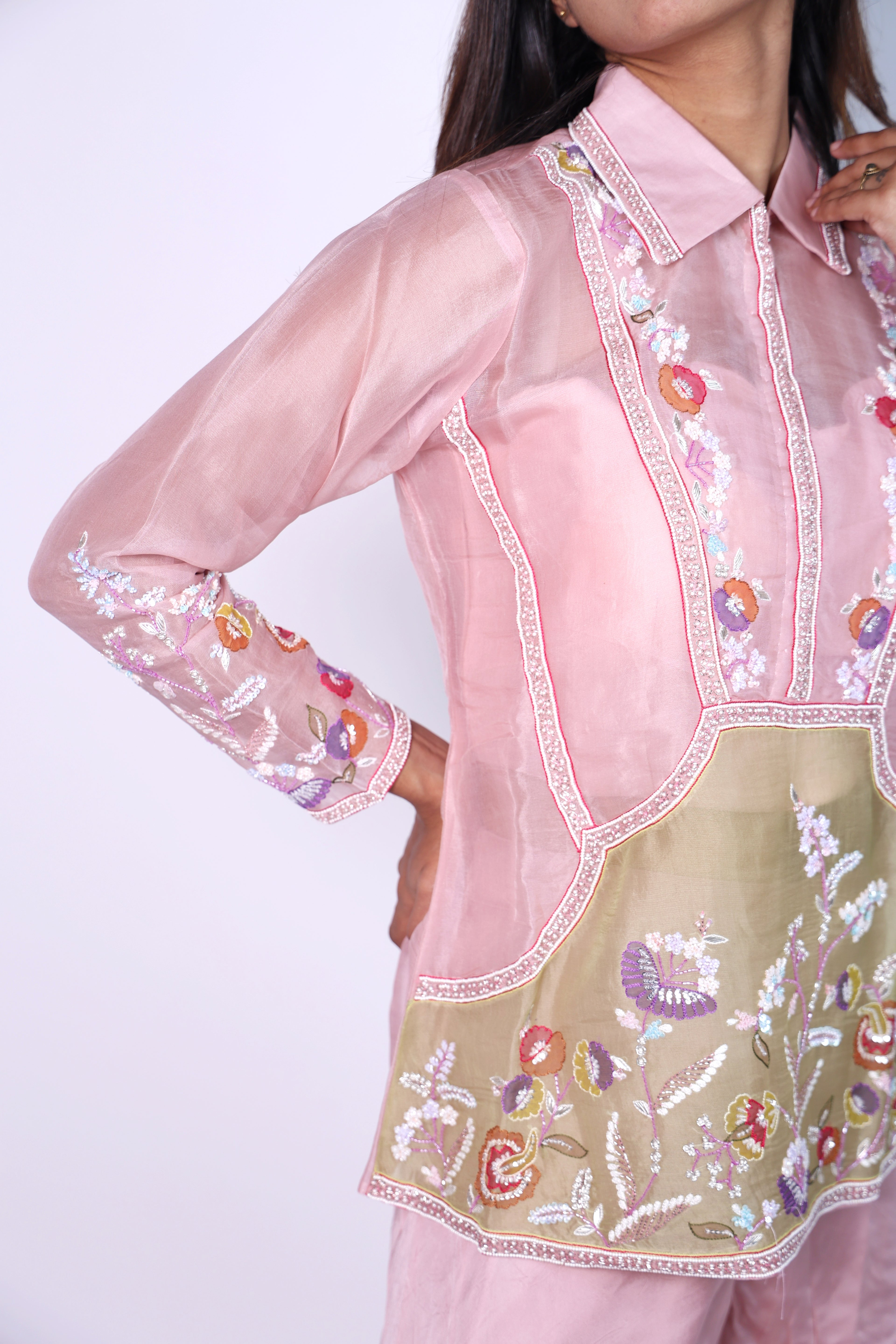 Elegant Sage  Flora Pink  Hand Embroidered Cord-Set