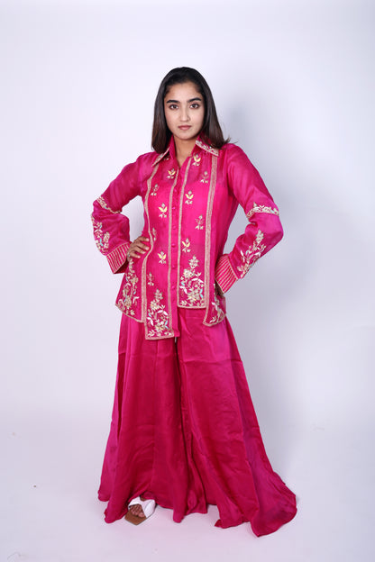 Elegant Sage Dark Pink Embroidered Cord-Set