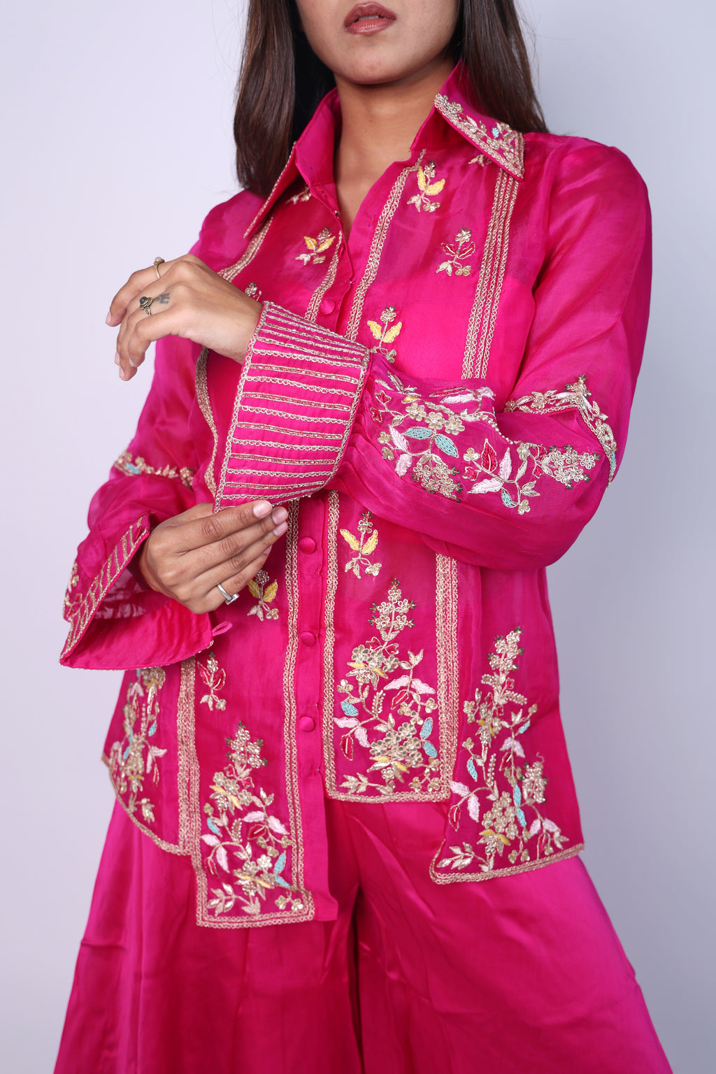 Elegant Sage Dark Pink Embroidered Cord-Set