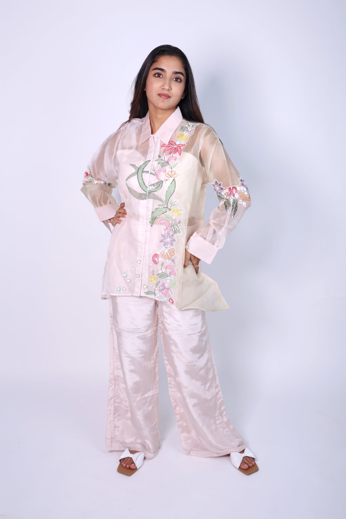 Elegant  Flora Pink  Hand Embroidered Cord-Set