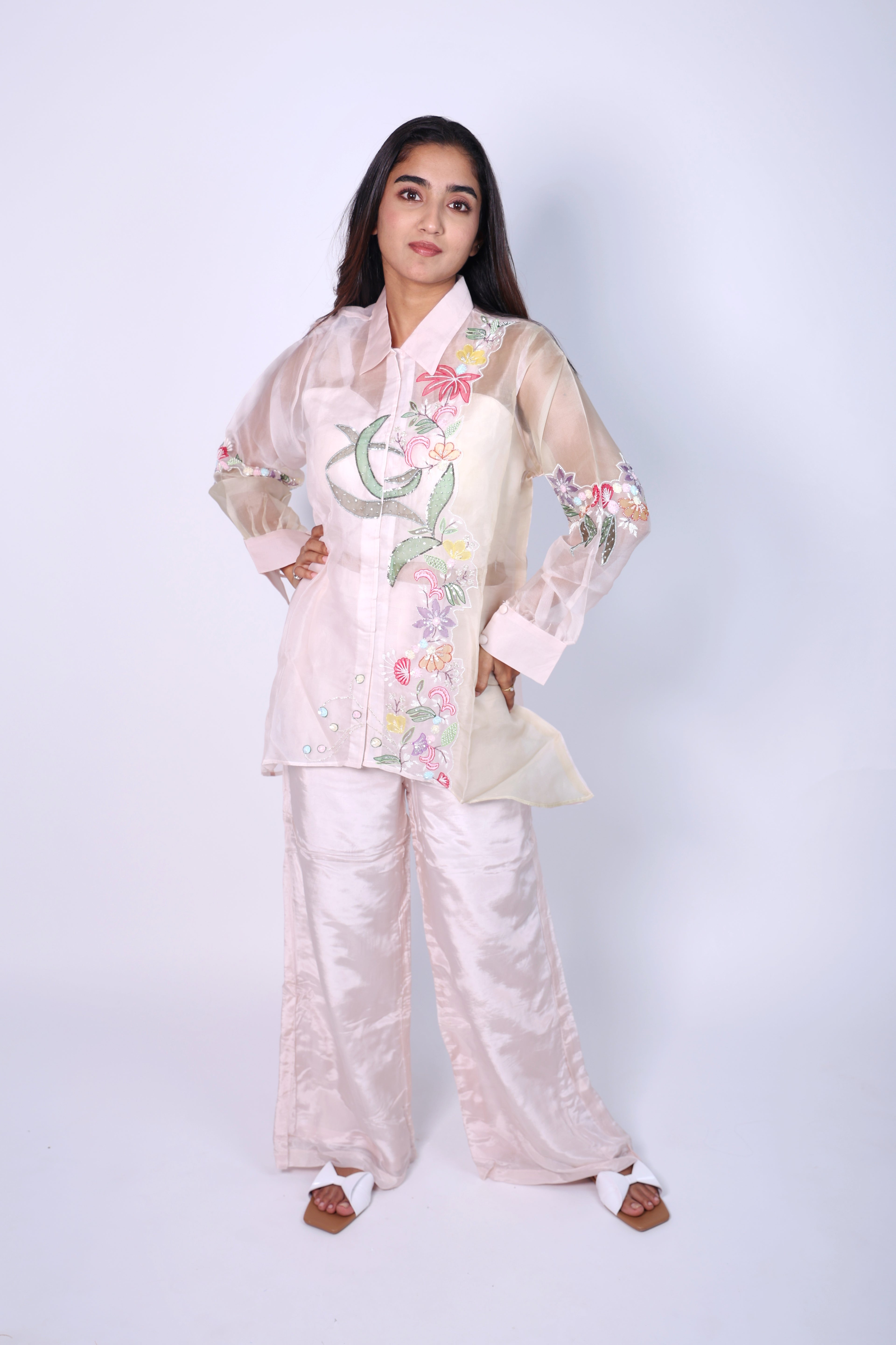 Elegant  Flora Pink  Hand Embroidered Cord-Set