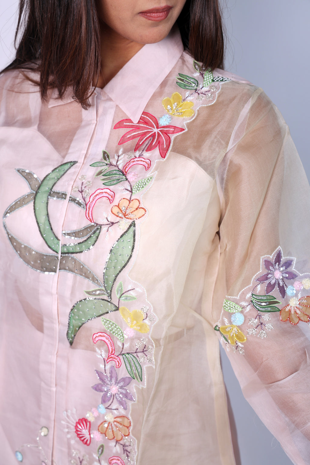 Elegant  Flora Pink  Hand Embroidered Cord-Set