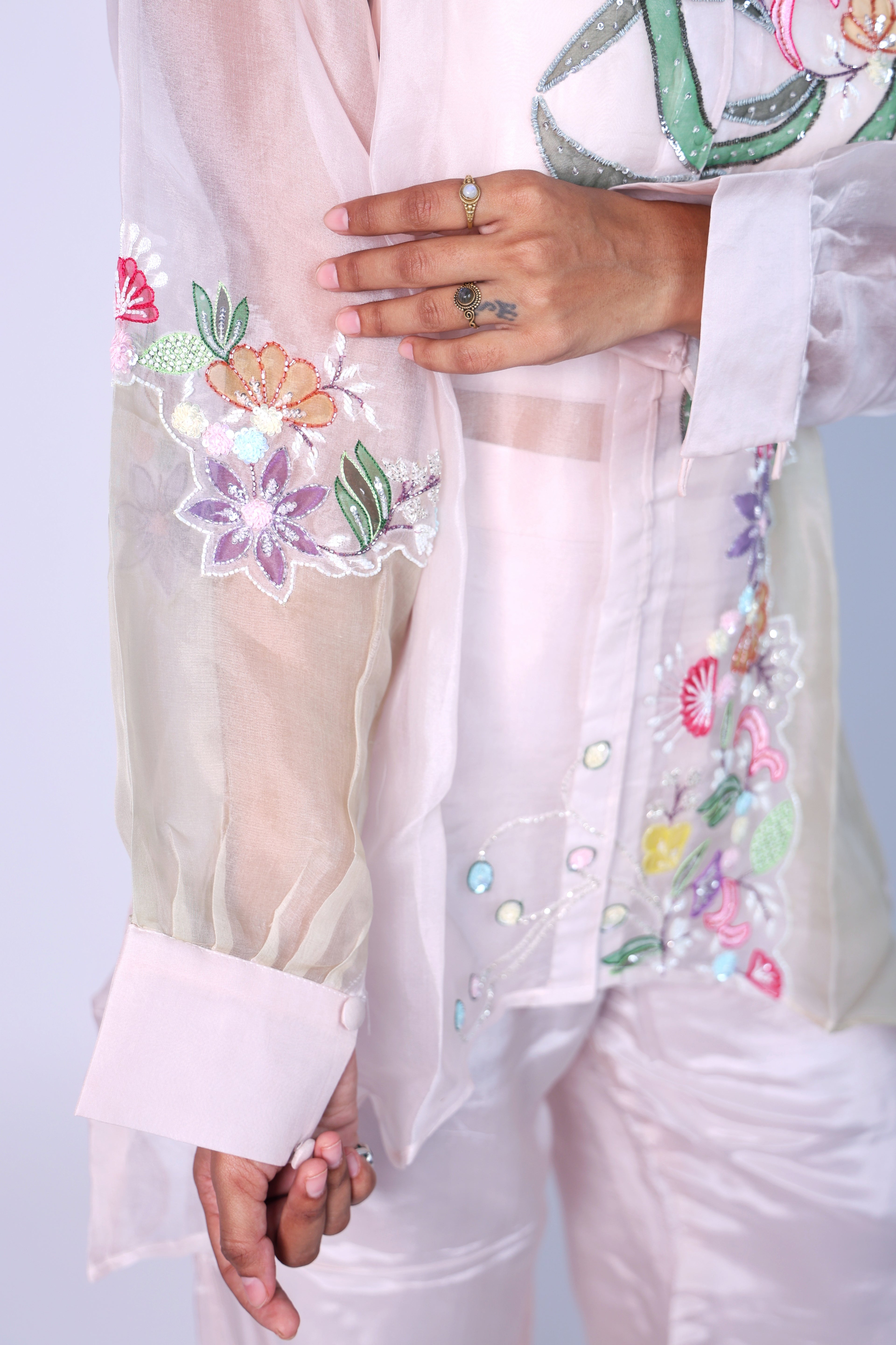 Elegant  Flora Pink  Hand Embroidered Cord-Set